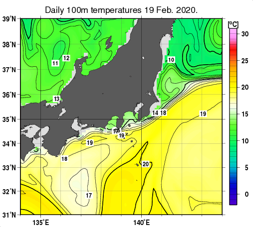 関東・東海・北陸周辺海域の深さ100mの水温分布図（2月19日）