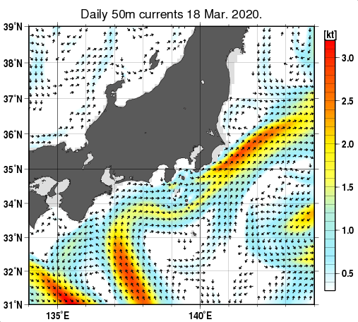 関東・東海・北陸周辺海域の深さ50mの海流分布図（3月18日）