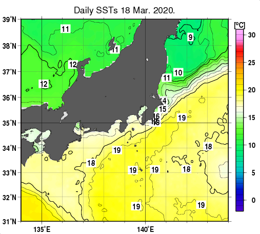 関東・東海・北陸周辺海域の海面水温分布図（3月18日）
