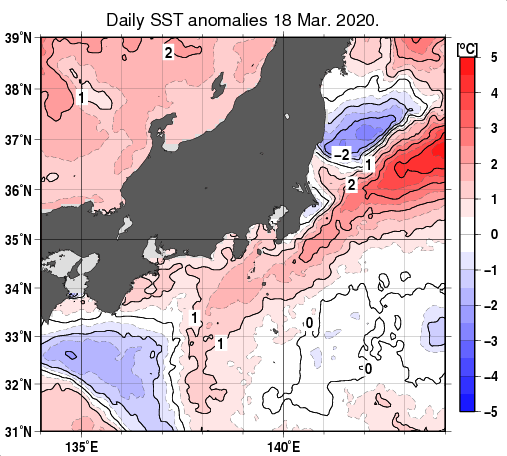 関東・東海・北陸周辺海域の海面水温平年差分布図（3月18日）