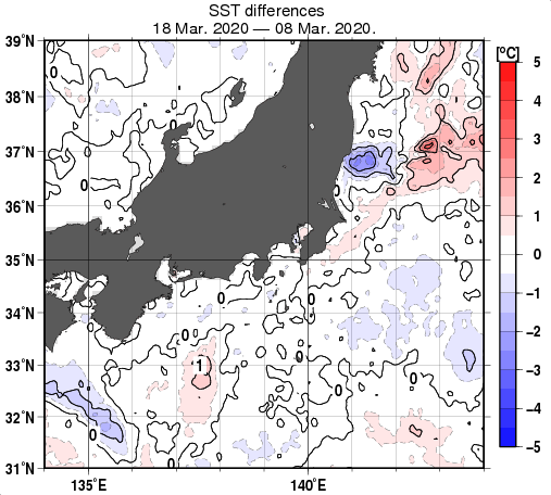 関東・東海・北陸周辺海域の10日間の海面水温変化量分布図（3月18日）