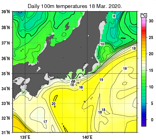 関東・東海・北陸周辺海域の深さ100mの水温分布図（3月18日）