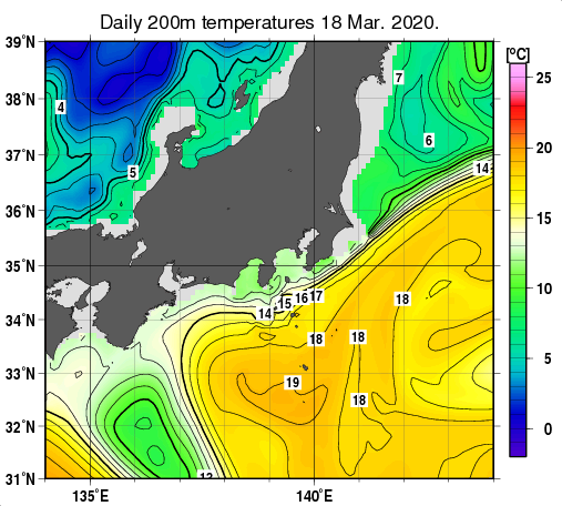 関東・東海・北陸周辺海域の深さ200mの水温分布図（3月18日）