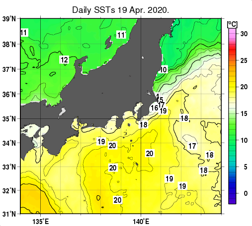 関東・東海・北陸周辺海域の海面水温分布図（4月19日）