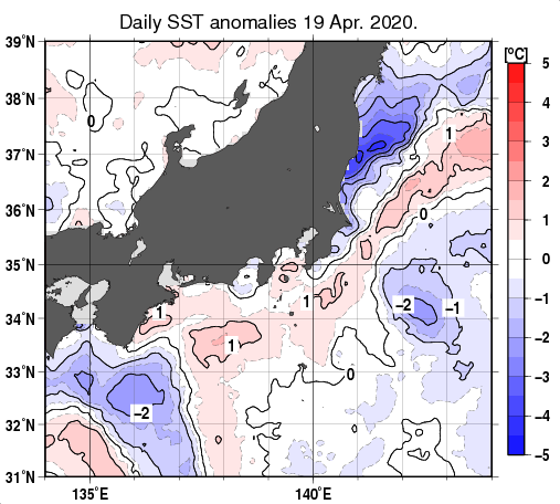 関東・東海・北陸周辺海域の海面水温平年差分布図（4月19日）