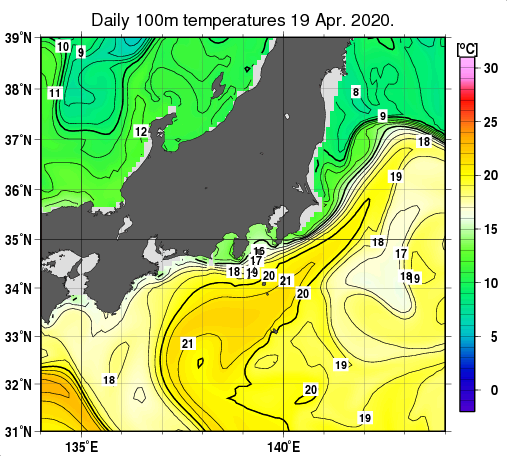関東・東海・北陸周辺海域の深さ100mの水温分布図（4月19日）