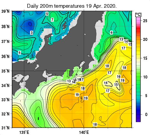 関東・東海・北陸周辺海域の深さ200mの水温分布図（4月19日）