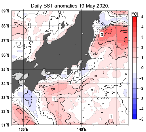 関東・東海・北陸周辺海域の海面水温平年差分布図（5月19日）
