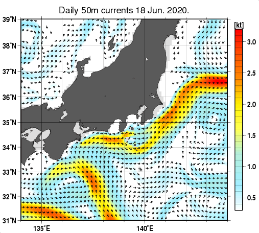 関東・東海・北陸周辺海域の深さ50mの海流分布図（6月18日）