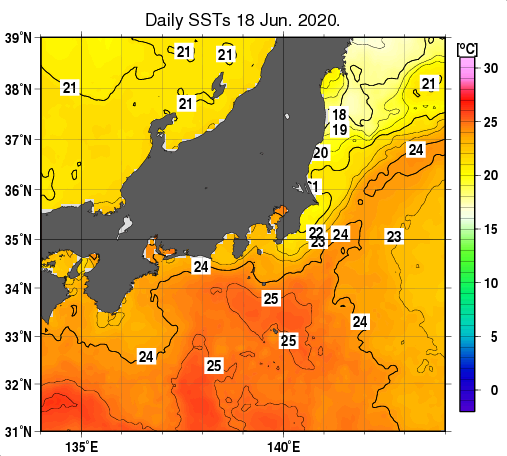 関東・東海・北陸周辺海域の海面水温分布図（6月18日）