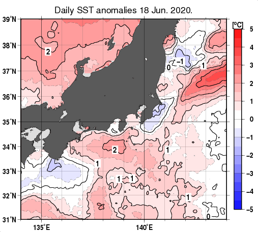 関東・東海・北陸周辺海域の海面水温平年差分布図（6月18日）
