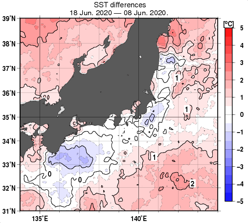 関東・東海・北陸周辺海域の10日間の海面水温変化量分布図（6月18日）