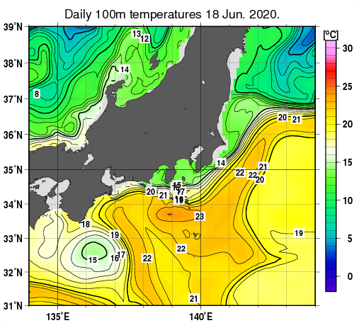 関東・東海・北陸周辺海域の深さ100mの水温分布図（6月18日）