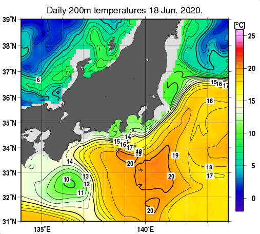 関東・東海・北陸周辺海域の深さ200mの水温分布図（6月18日）