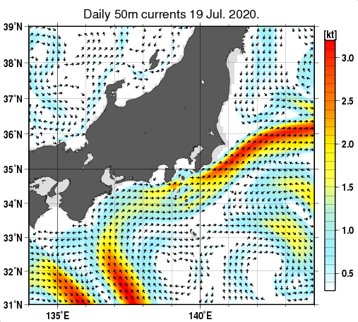 関東・東海・北陸周辺海域の深さ50mの海流分布図（7月19日）