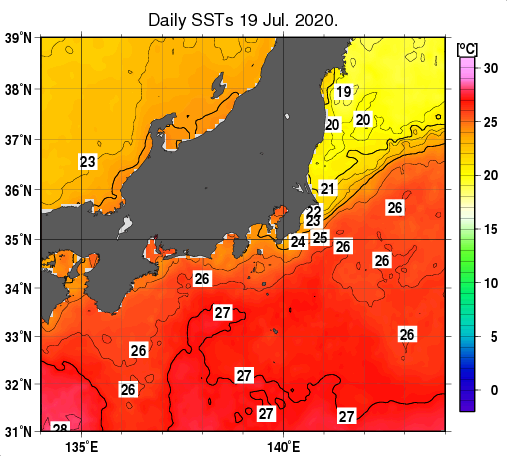 関東・東海・北陸周辺海域の海面水温分布図（7月19日）