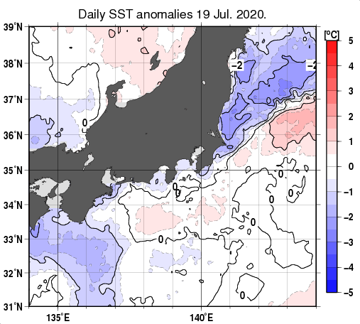関東・東海・北陸周辺海域の海面水温平年差分布図（7月19日）