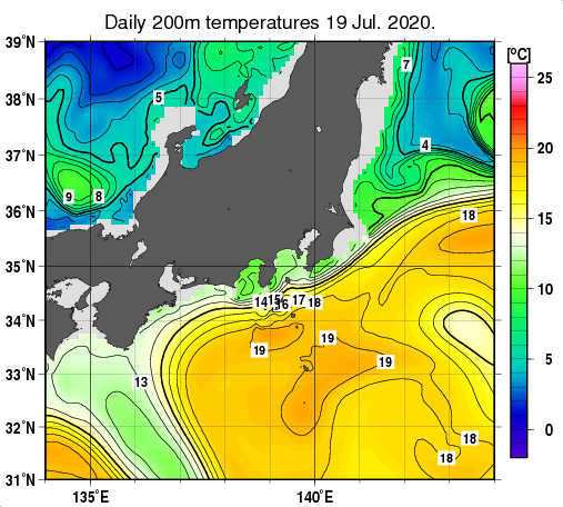 関東・東海・北陸周辺海域の深さ200mの水温分布図（7月19日）