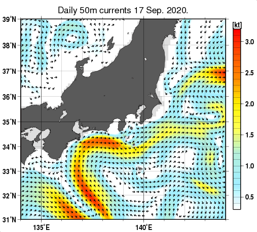 関東・東海・北陸周辺海域の深さ50mの海流分布図（9月17日）