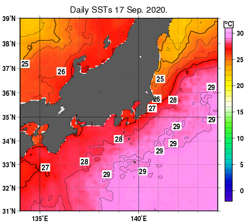 関東・東海・北陸周辺海域の海面水温分布図（9月17日）