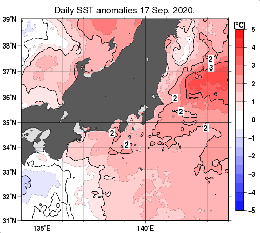 関東・東海・北陸周辺海域の海面水温平年差分布図（9月17日）