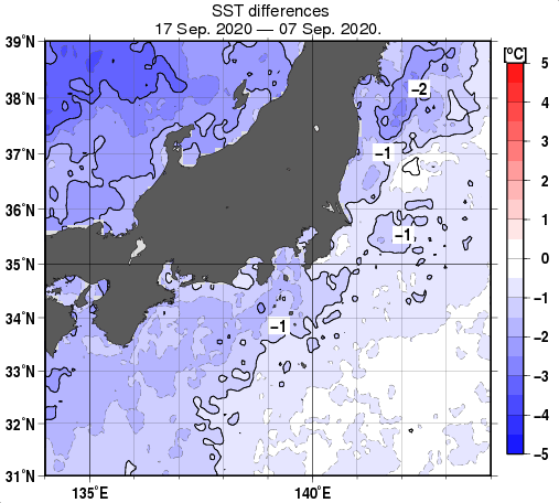 関東・東海・北陸周辺海域の10日間の海面水温変化量分布図（9月17日）