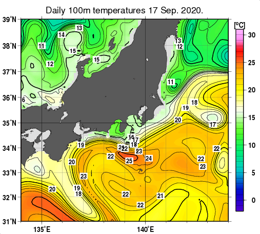 関東・東海・北陸周辺海域の深さ100mの水温分布図（9月17日）
