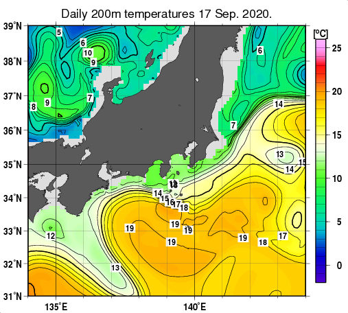 関東・東海・北陸周辺海域の深さ200mの水温分布図（9月17日）