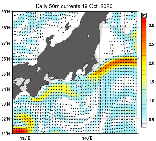 関東・東海・北陸周辺海域の深さ50mの海流分布図（10月19日）