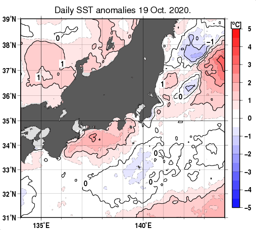 関東・東海・北陸周辺海域の海面水温平年差分布図（10月19日）
