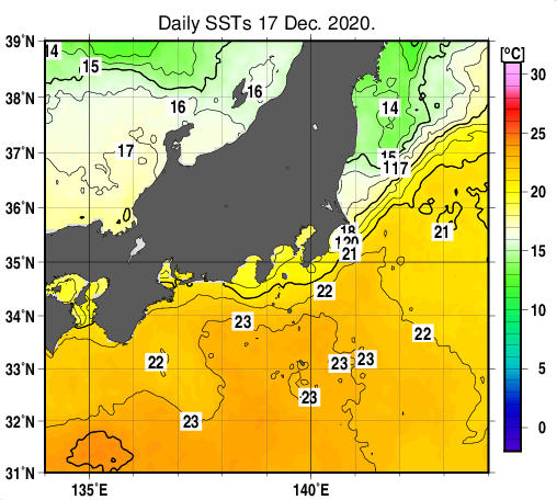 関東・東海・北陸周辺海域の海面水温分布図（12月17日）