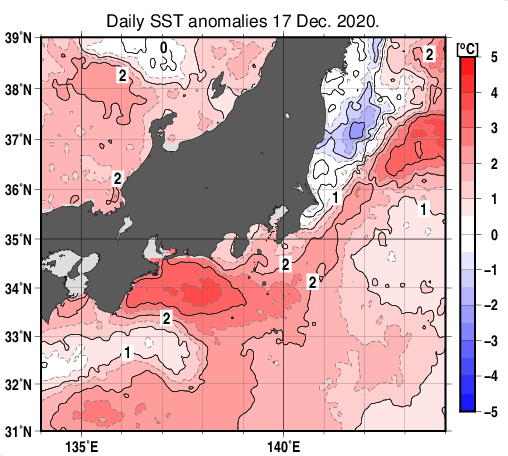 関東・東海・北陸周辺海域の海面水温平年差分布図（12月17日）