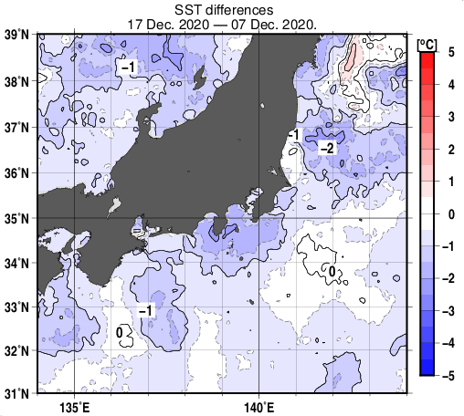 関東・東海・北陸周辺海域の10日間の海面水温変化量分布図（12月17日）