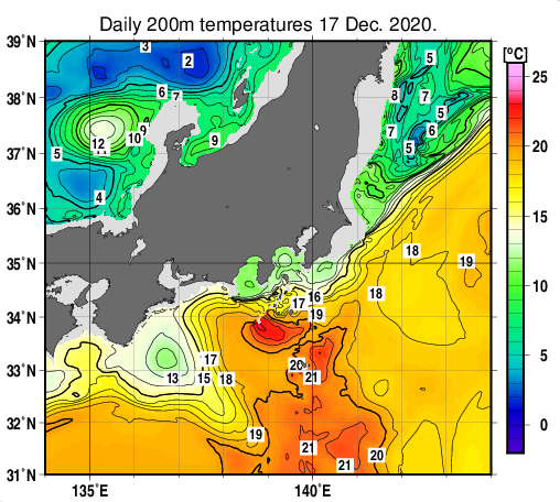 関東・東海・北陸周辺海域の深さ200mの水温分布図（12月17日）