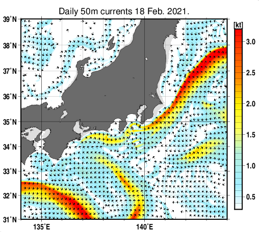 関東・東海・北陸周辺海域の深さ50mの海流分布図（2月18日）