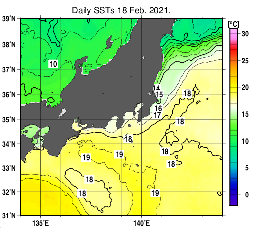 関東・東海・北陸周辺海域の海面水温分布図（2月18日）