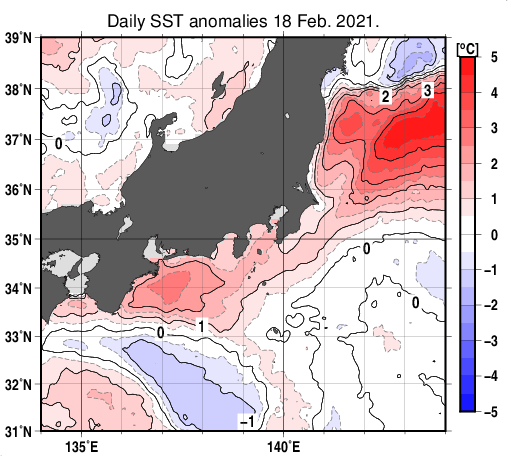 関東・東海・北陸周辺海域の海面水温平年差分布図（2月18日）