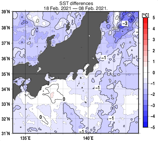 関東・東海・北陸周辺海域の10日間の海面水温変化量分布図（2月18日）