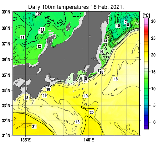 関東・東海・北陸周辺海域の深さ100mの水温分布図（2月18日）