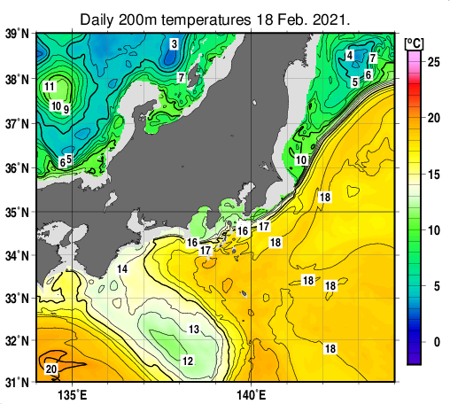 関東・東海・北陸周辺海域の深さ200mの水温分布図（2月18日）