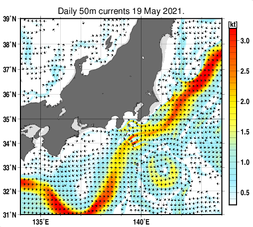 関東・東海・北陸周辺海域の深さ50mの海流分布図（5月19日）