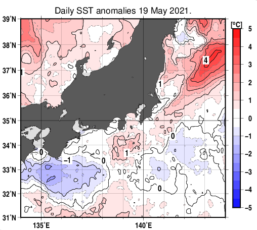 関東・東海・北陸周辺海域の海面水温平年差分布図（5月19日）