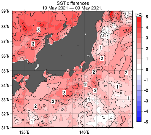 関東・東海・北陸周辺海域の10日間の海面水温変化量分布図（5月19日）