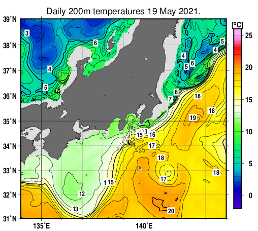 関東・東海・北陸周辺海域の深さ200mの水温分布図（5月19日）