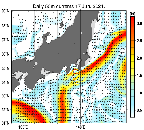 関東・東海・北陸周辺海域の深さ50mの海流分布図（6月17日）