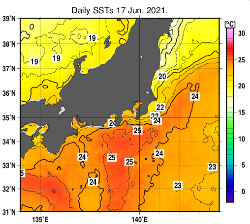 関東・東海・北陸周辺海域の海面水温分布図（6月17日）
