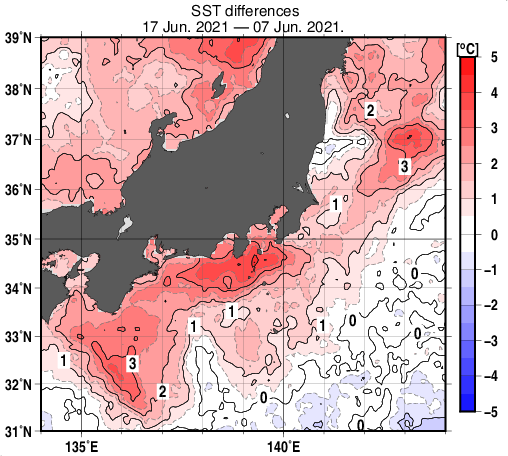 関東・東海・北陸周辺海域の10日間の海面水温変化量分布図（6月17日）