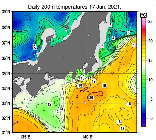 関東・東海・北陸周辺海域の深さ200mの水温分布図（6月17日）