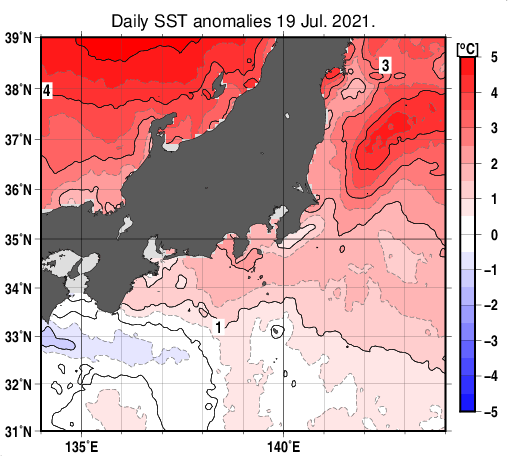 関東・東海・北陸周辺海域の海面水温平年差分布図（7月19日）