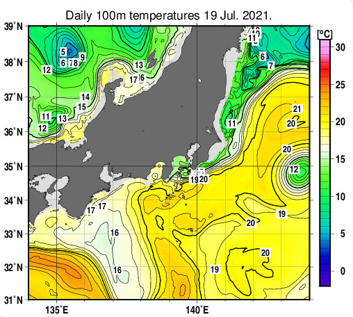 関東・東海・北陸周辺海域の深さ100mの水温分布図（7月19日）